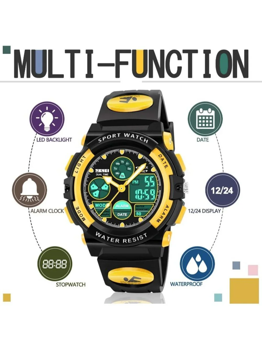 Kid's Black And Yellow Analog Quartz Multi Function Waterproof LED Digital Watch
